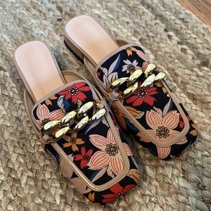 Floral Gold Chain Mule Loafers NWOT